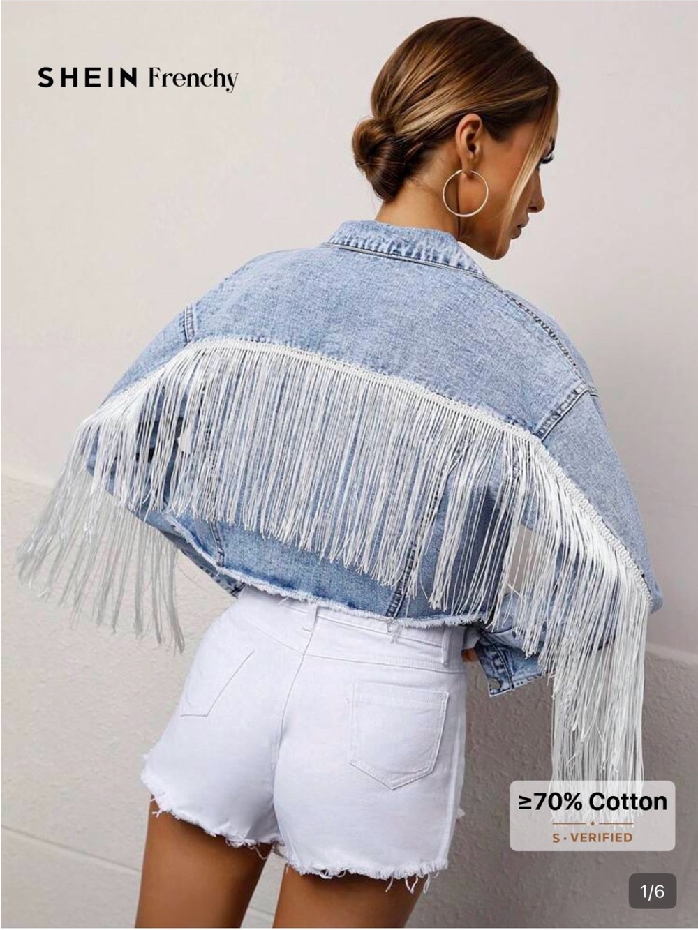 SHEIN Light Blue Denim Fringe Cropped Jacket